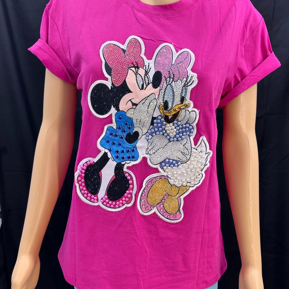 Fuchsia t-shirt minnie mouse and daysy, short sleeve, round neck, pearls